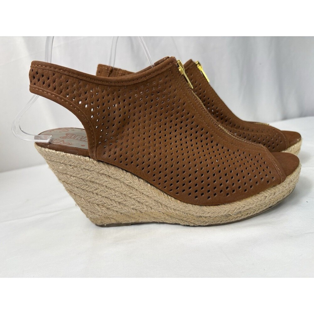 Brash Perforated Espadrille Wedge Sandals Brown Faux Suede Front Zip Size 9.5